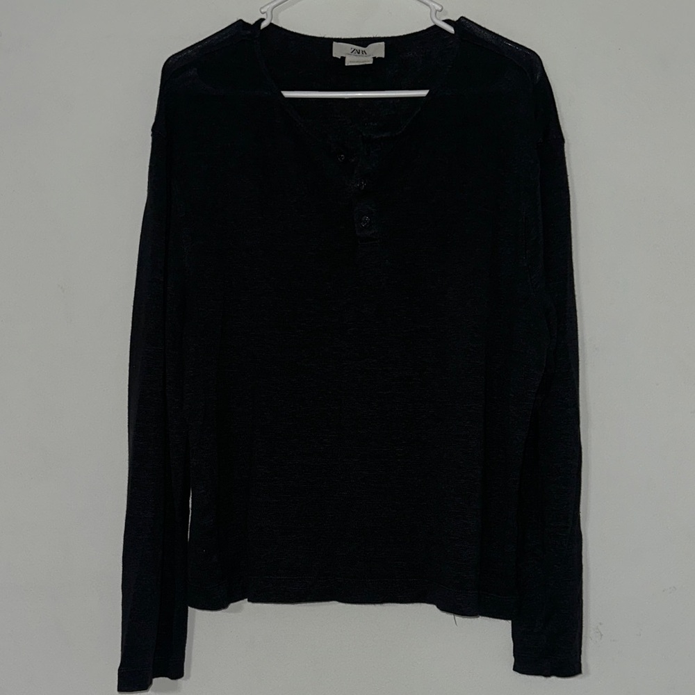 Zara Black Long Sleeve Henley Shirt